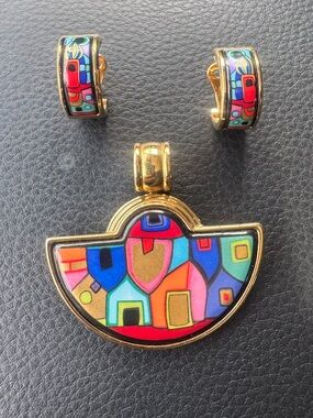 Freywille Hundertwasser Street Rivers Halfmoon Pendant and Hoop Earrings Set